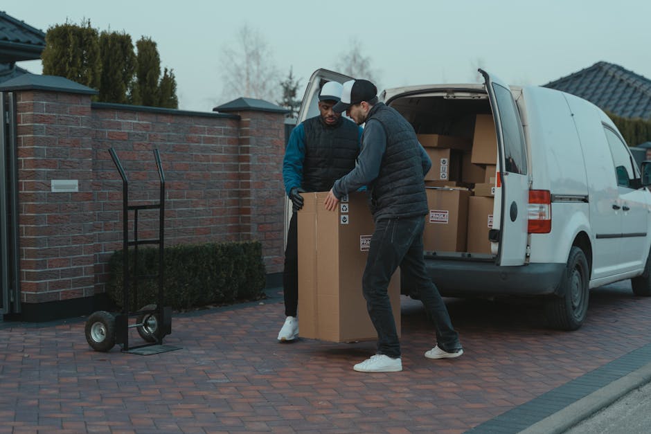 A man with a beard and short dark hair, wearing a black cap and a white polo shirt, stands inside the open back of a van loaded with neatly stacked cardboard boxes of various sizes, some wrapped in pl